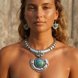 A close-up of a woman wearing a chunky silver-toned tribal-style necklace with a large turquoise stone pendant, matching drop earrings, and a warm golden-hour background.