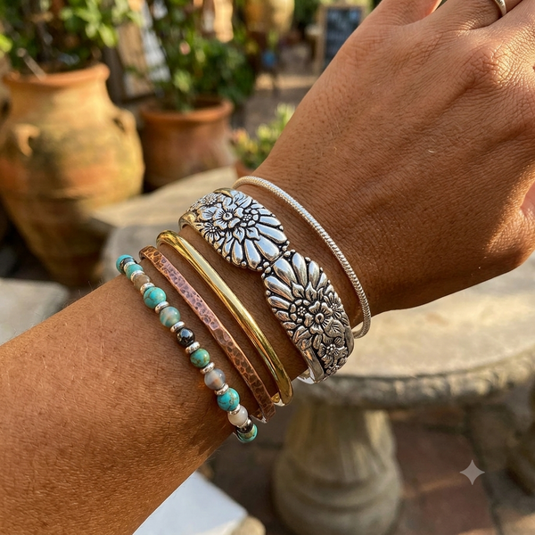 Close-up of a wrist wearing multiple bracelets with a blurred outdoor background
