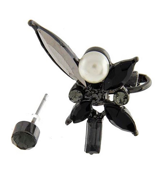 Black floral earring with pearl center on a white background