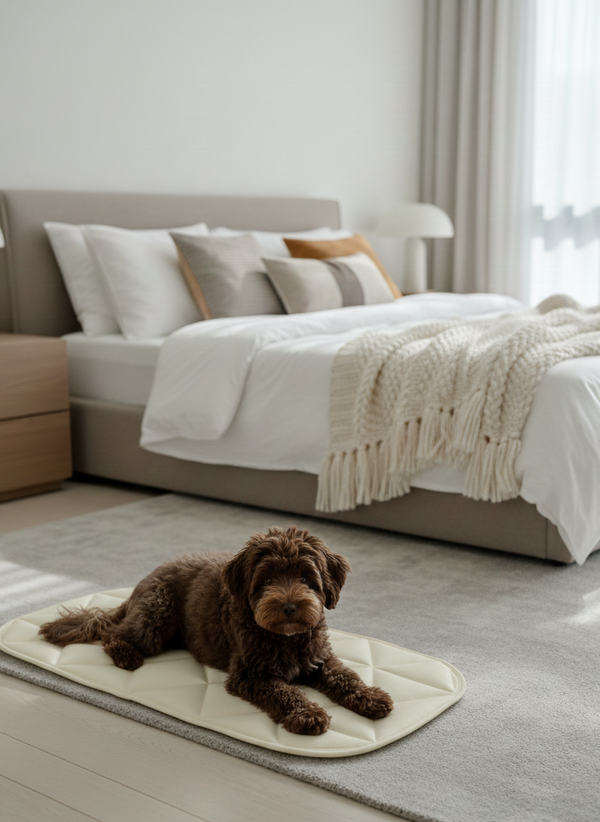 Dog lying on a mat in a bedroom with a bed and pillows in the background