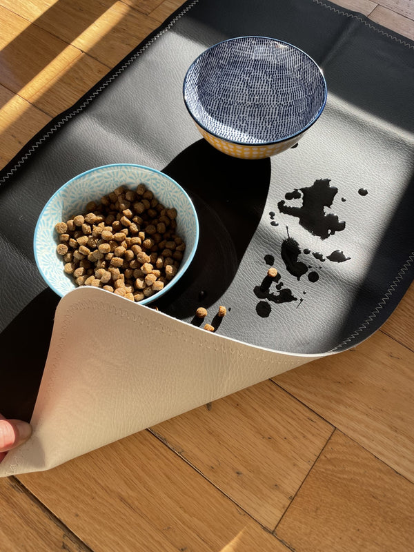 Leather pet food mat | 22"x14" | Black, Cream