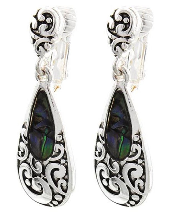 Vintage Silver Filigree Abalone Shell Teardrop Dangle Earrings