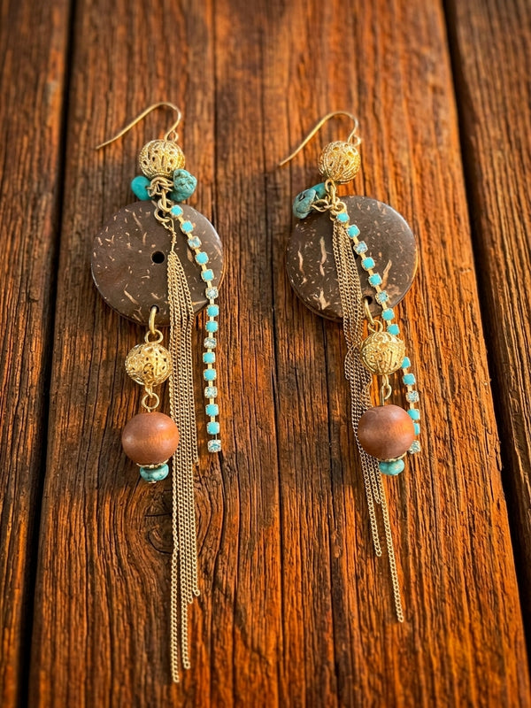 Boho Turquoise & Wood Beaded Long Dangle Earrings – Gold Chain Tassels – 4.5"