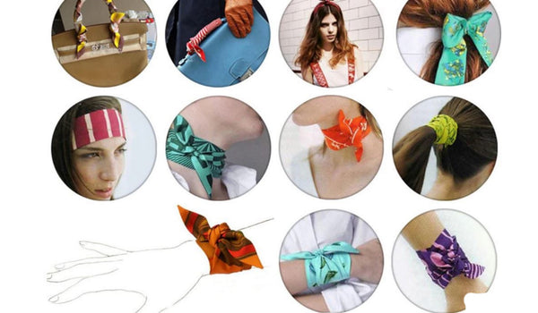 Collection of hair accessories including headbands and scrunchies displayed in a grid.