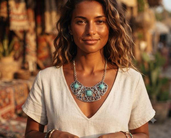 Antique Silver & Turquoise Filigree Necklace