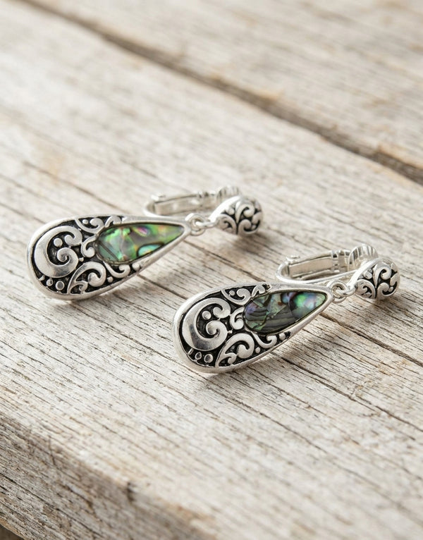 Vintage Silver Filigree Abalone Shell Teardrop Dangle Earrings