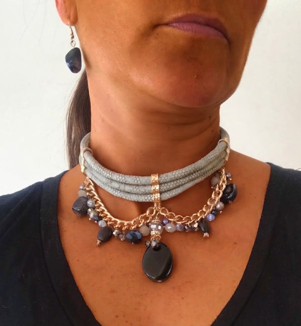 Victorian Vibe Statement Grey & Gold Faux Leather Choker Necklace