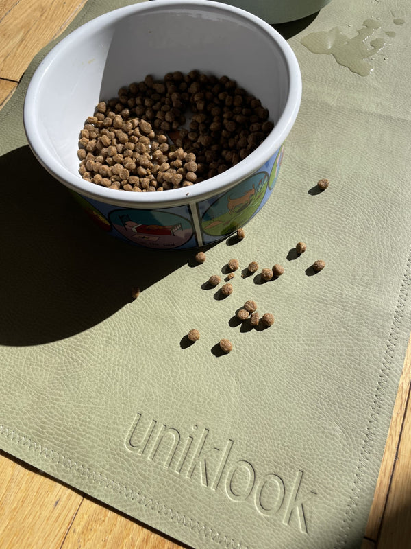 Vegan Leather Pet Food Mat — 14"x22" | Hunter Green & Tan