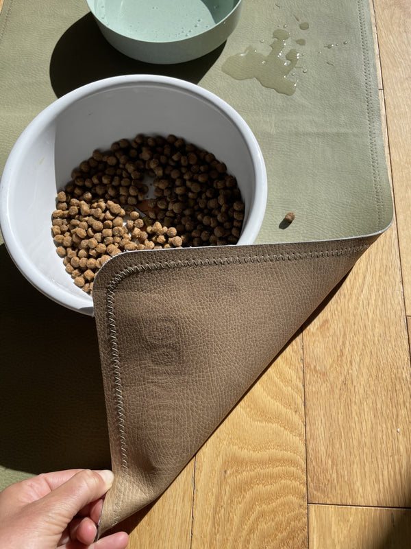 Vegan Leather Pet Food Mat — 14"x22" | Hunter Green & Tan