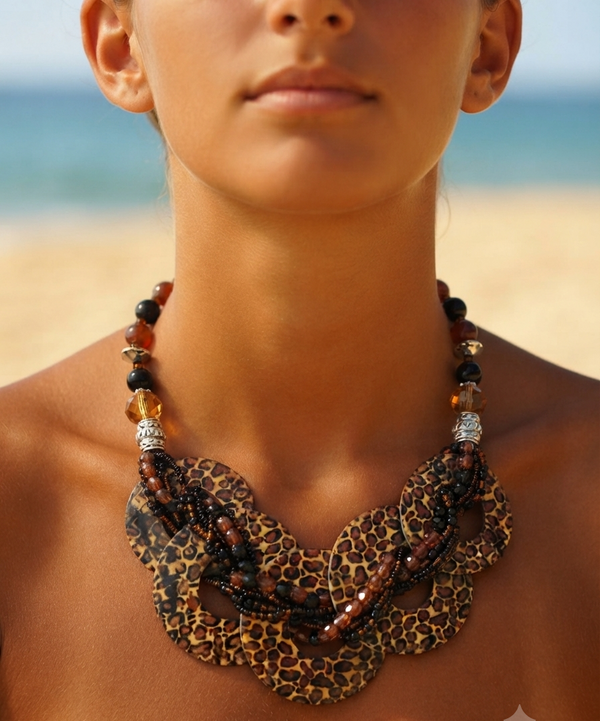 A close-up of a model wearing a chunky statement necklace with a leopard print bib design and beaded strands, set against a blurred beach background.