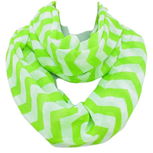 Green and white chevron patterned infinity scarf on a light gray background