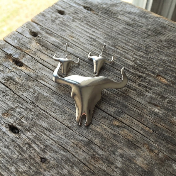 Silver Longhorn Boho Pendant or Pin  & Earring Set