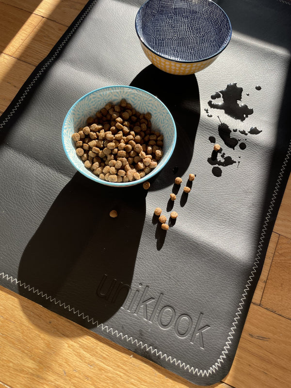 Vegan Leather Pet Food Mat — 30"x16" | Black & Cream