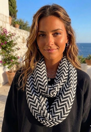Woman wearing a black and white zigzag scarf with a scenic background