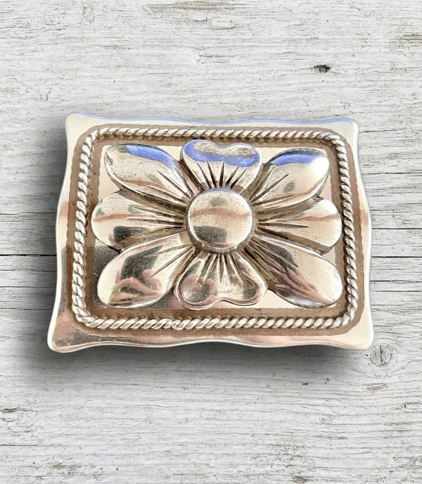 Vintage Silver Floral Belt Buckle with Rope Border