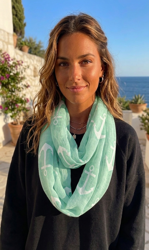 Woman wearing a light green infinity scarf with white patterns outdoors.