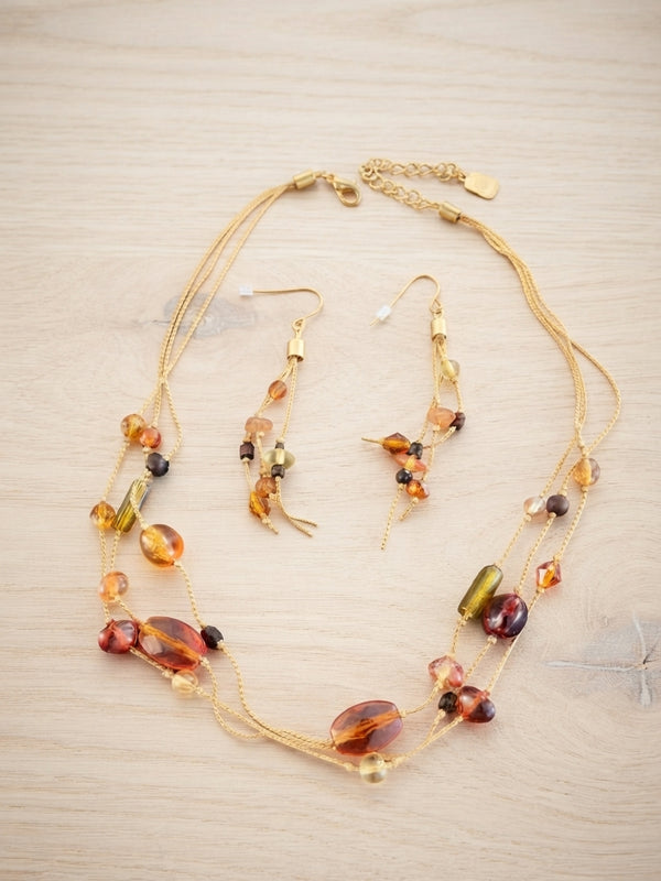Amber Mixed-Bead Layered Chain Necklace & Earring Set