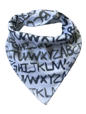 White bandana with black letters on a white background