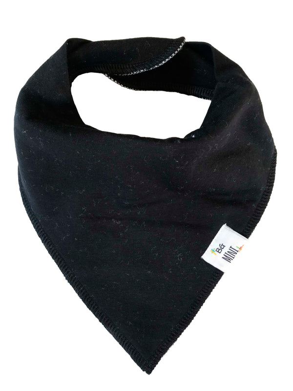 Black bandana bib with a brand tag on a white background
