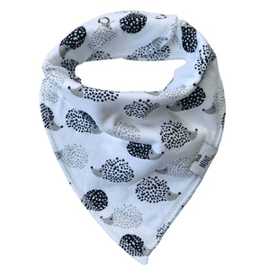 Baby bib with hedgehog pattern on a white background