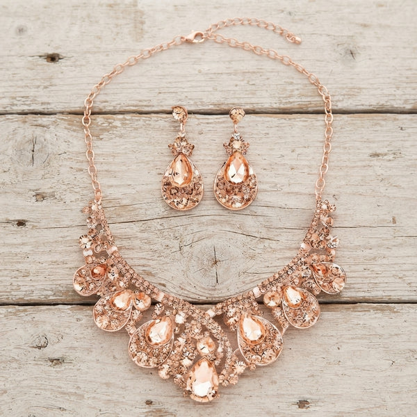 Peach Crystal Statement Necklace Earrings Set