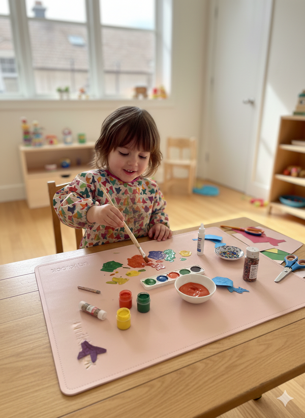 Child painting on a table with art supplies in a room with large windows.