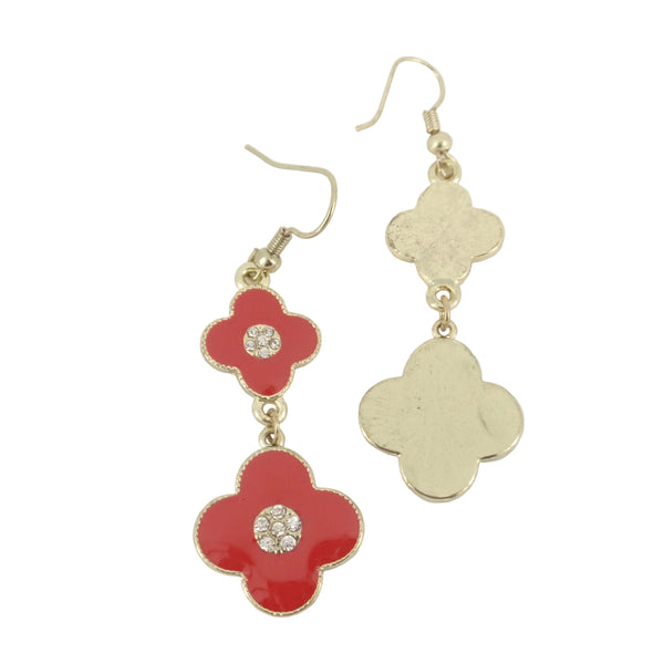 Red enamel floral drop earrings showing front and gold tone back detail