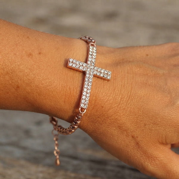 Rose Gold Pavé Rhinestone Cross Chain Bracelet