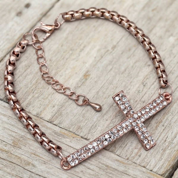 Rose Gold Pavé Rhinestone Cross Chain Bracelet