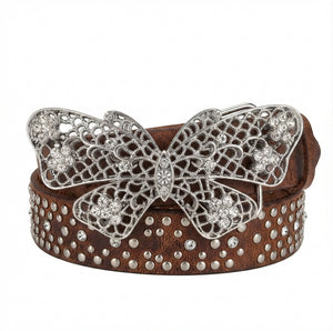 A brown leather belt featuring a large silver butterfly filigree buckle embellished with rhinestones, and the belt itself decorated with silver studs.