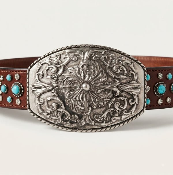 Vintage Floral Scroll Western Belt Buckle for Women – Antiqued Silver Finish
