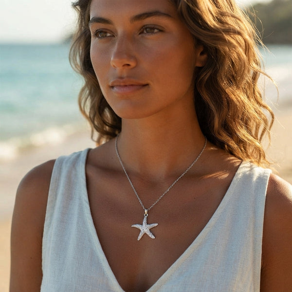 Silver Crystal Starfish Pendant Necklace