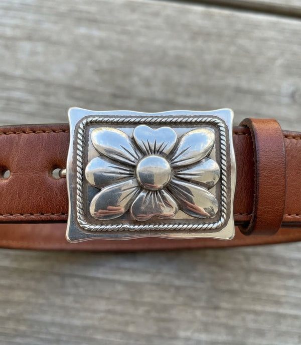 Vintage Silver Floral Belt Buckle with Rope Border