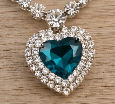 Teal crystal heart pendant close-up