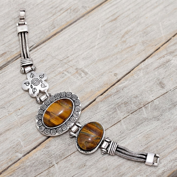 Bohemian Vintage Tiger's Eye Silver Statement Bracelet