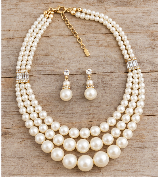 Three strand pearl necklace and earrings on rustic pale barn wood