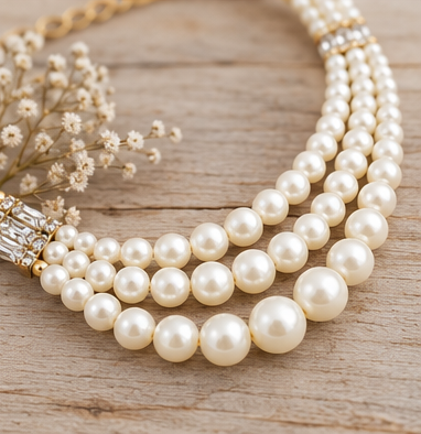 Cream three strand pearl necklace on pale rustic wood
