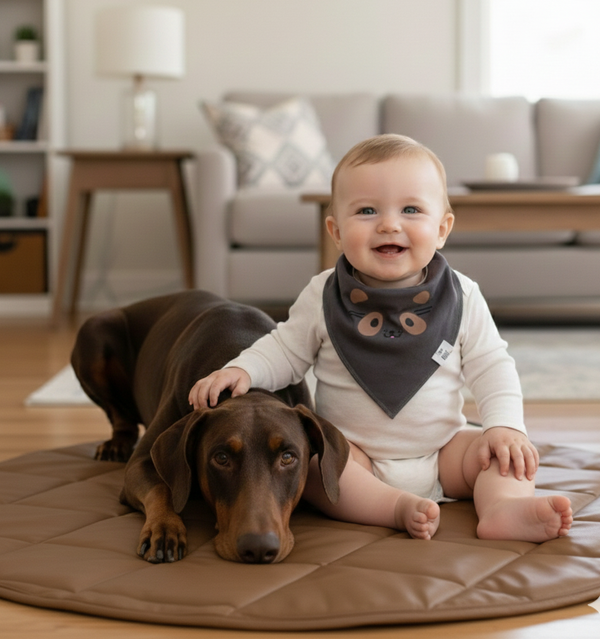 Quilted Vegan Leather Round Floor Mat — Tan & Gray | 35"