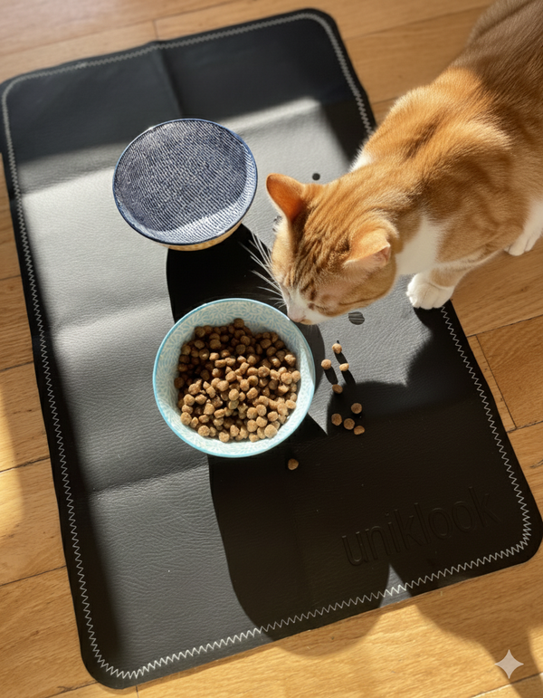 Cat eating from a bowl on a black mat with 'Wetzel' branding