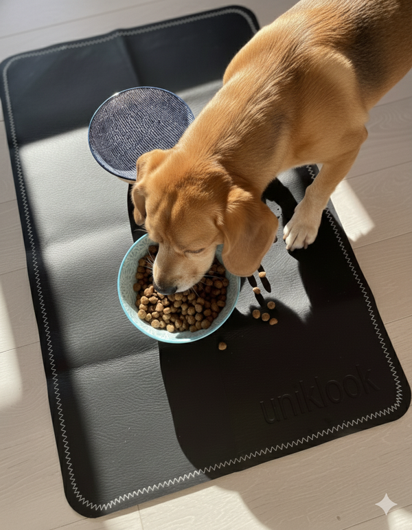 Vegan Leather Pet Food Mat — 30"x16" | Black & Cream