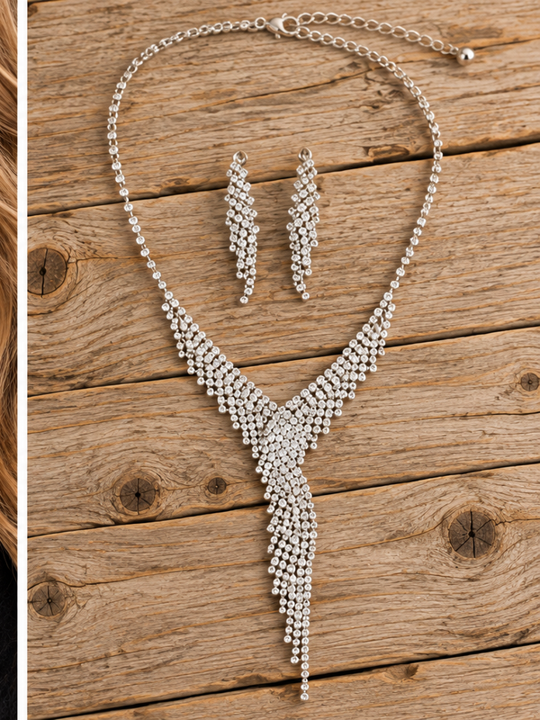 Silver rhinestone Y-drop necklace and earrings on rustic barn wood