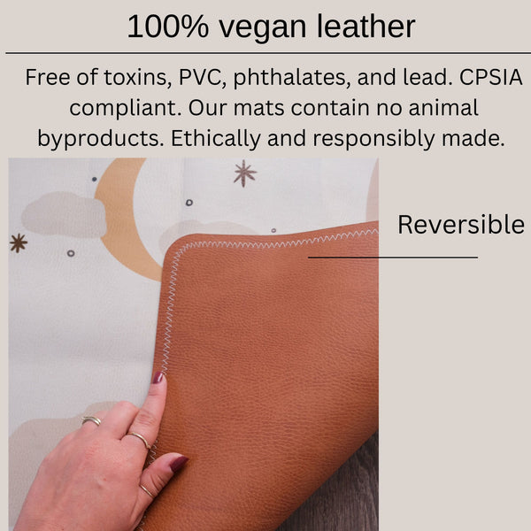 Vegan leather mat held by a hand with text about its properties and ethics.