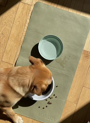 Dog drinking water from a bowl on a green mat with 'uniklook' branding.