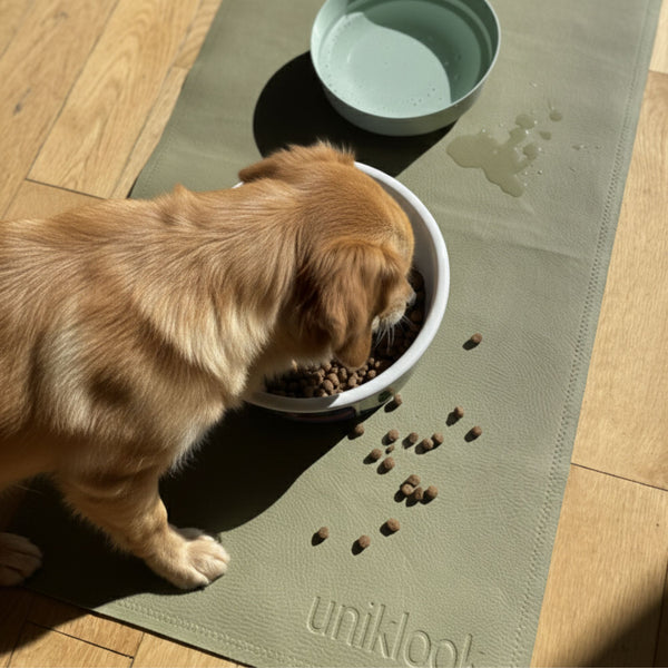 Dog eating from a bowl on a 'uniklook' branded mat with water bowl in the background.
