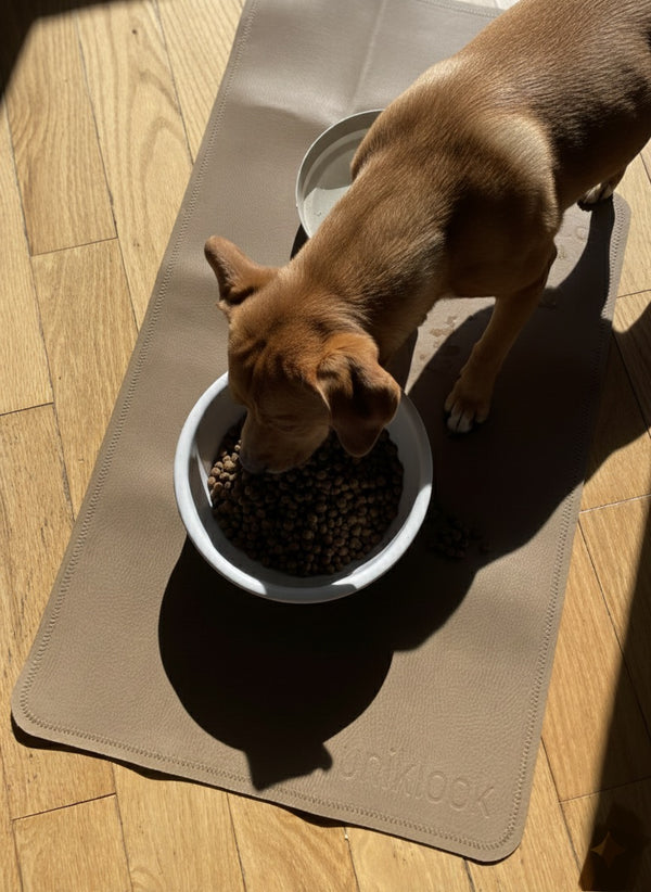 Vegan Leather Pet Food Mat — 30"x16" | Tan & Gray