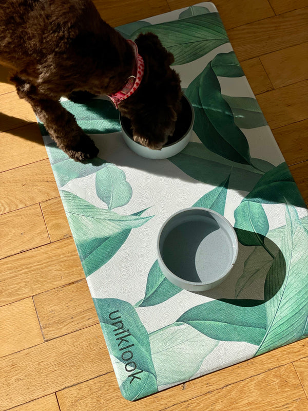 Vegan Leather Pet Food Mat — Outside Leaf Print