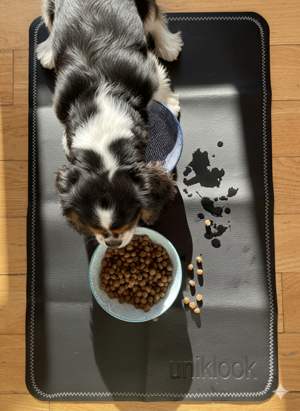 Dog eating from a bowl on a mat with 'Unikook' branding