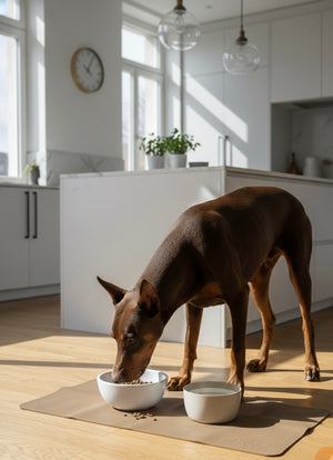 Dog eating from a bowl on a wooden floor in a bright kitchen.