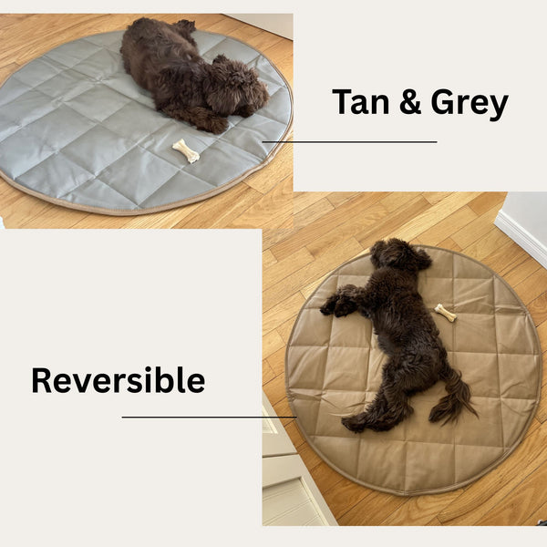 Two images of a dog lying on a reversible tan and gray mat.