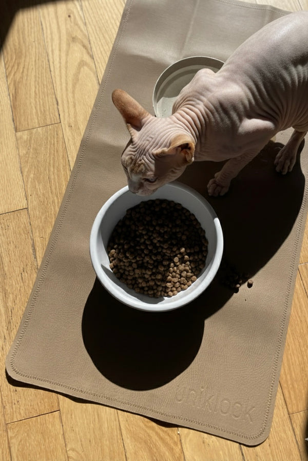 Vegan Leather Pet Food Mat — 30"x16" | Tan & Gray